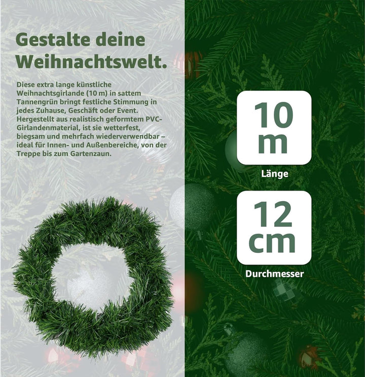 3X Weihnachtsgirlande 10 Meter - künstliche Dekogirlande Ø 10 cm - Tannen Girlande Weihnachten (3X g