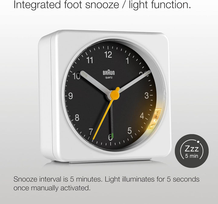 Braun Classic Analog Alarm Clock with Snooze and Light, Quiet Quartz Sweeping Movement, Crescendo Be
