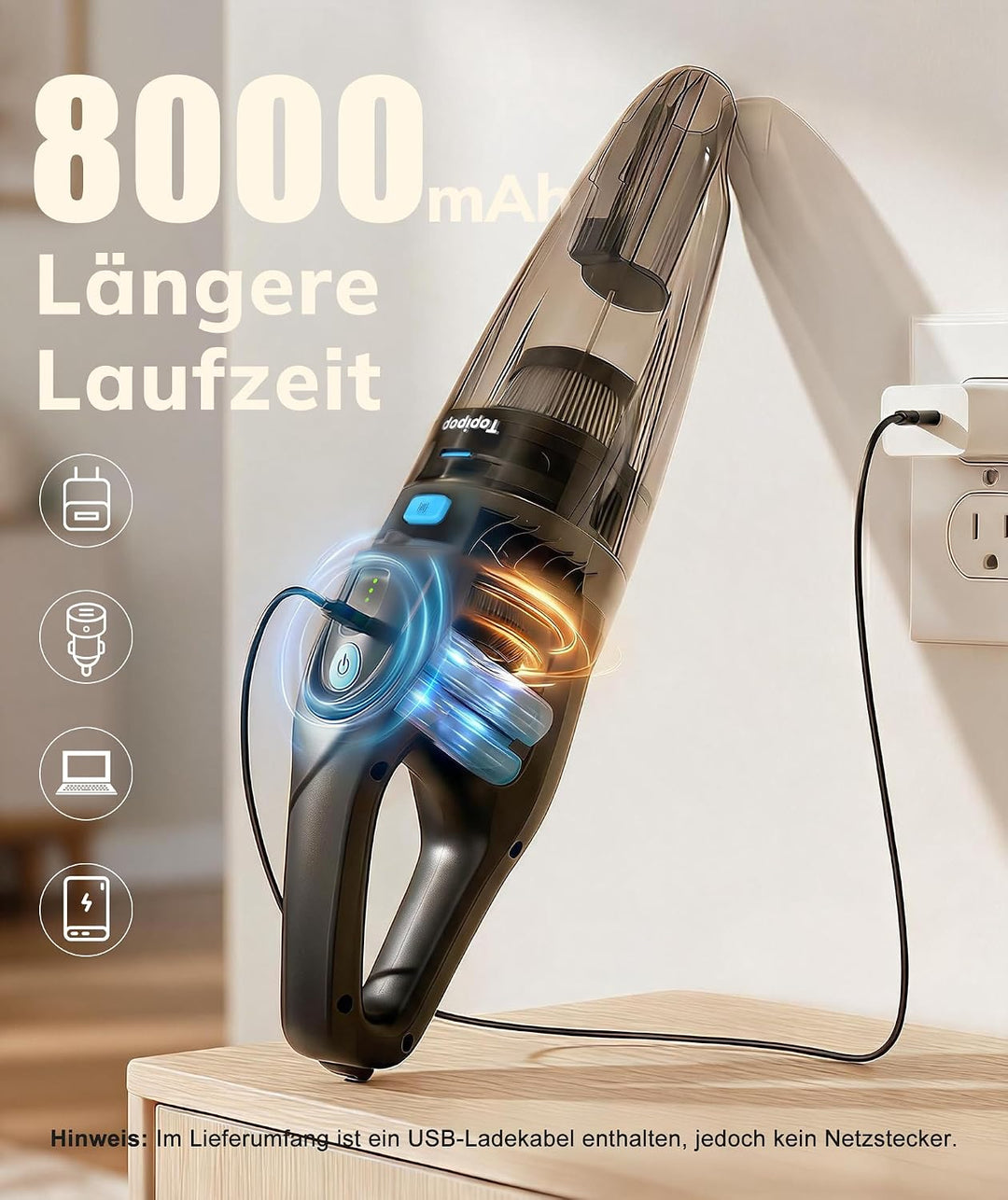 Topipop Handstaubsauger Akku Kabelloser Staubsauger Schwarz | 25000Pa Starke Saugkraft mit HEPA-Filt
