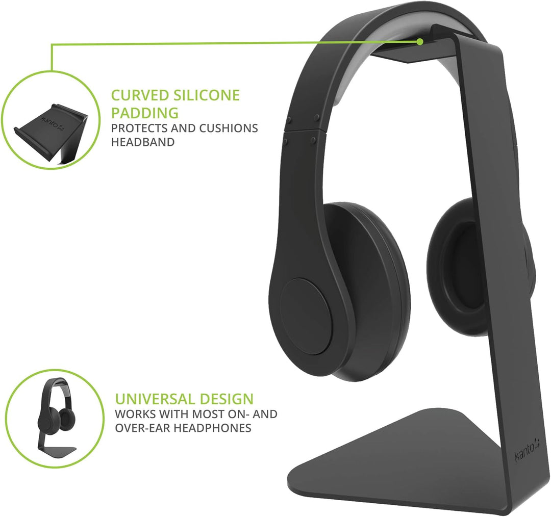 Kanto H1 Universal Headphone Stand with Curved Silicone Padding | Black, Black