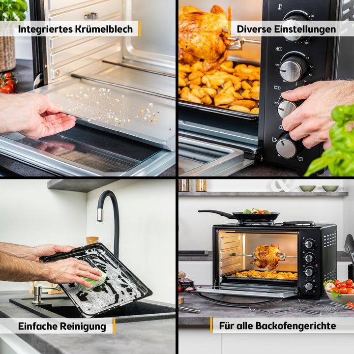 TZS First Austria Minibackofen 30 Liter 3200 Watt Mini-Backofen mit Kochplatten, Krümelblech, Drehsp
