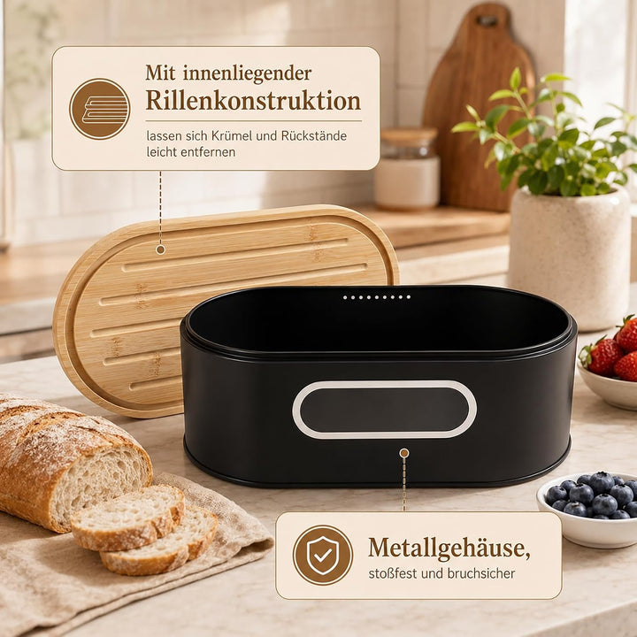 Brotkasten Schwarz, Brotbox aus Verzinktem Eisen mit 2-in-1-Bambusdeckel | Brotaufbewahrungsbox mit