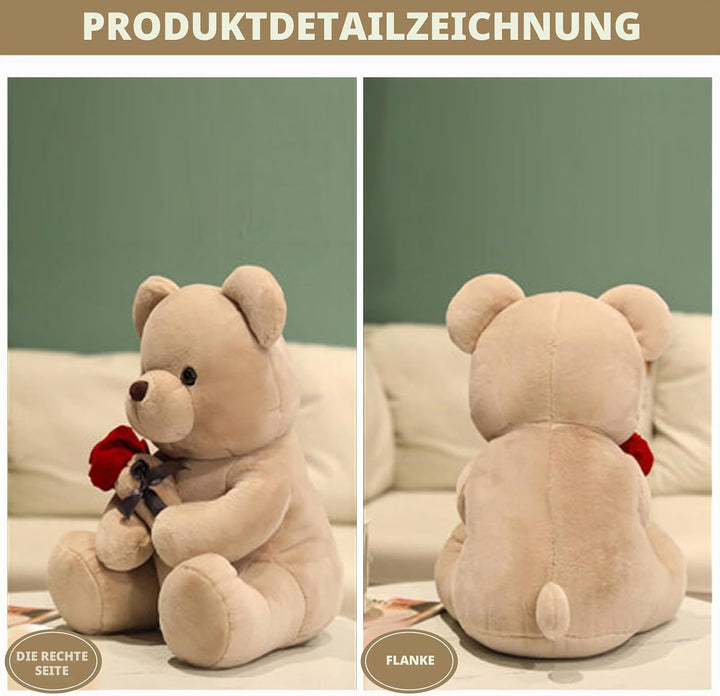 Bocguy Teddybär Plüsch, 23cm Teddybär mit Rose, Stofftier Spielzeug Dekozimmer Kissen für Weihnachte