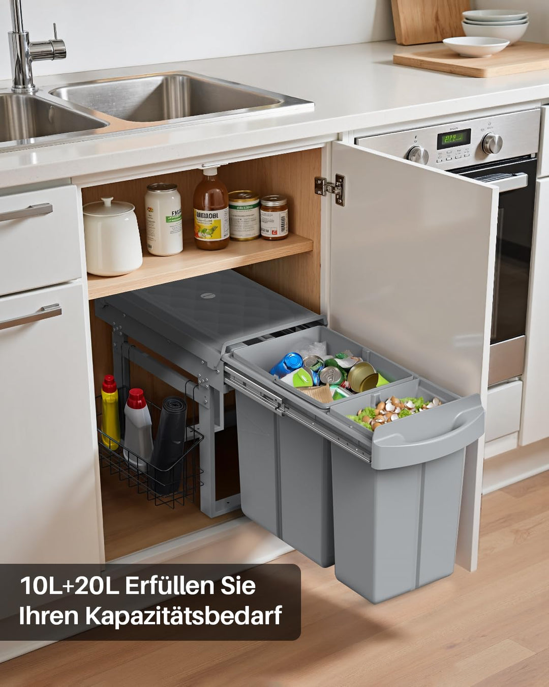 Lovewind Abfallsammler Tandem, 10L+20L, Mit seitlichem Hängekorb, Abfalleimer für Schränke ab 300 mm