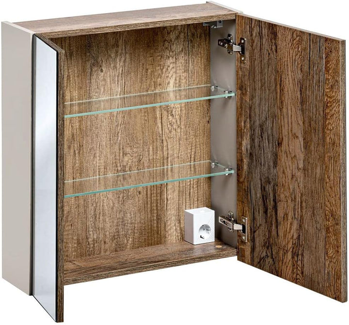 Lomadox Badezimmer Spiegelschrank 60cm Taupe mit Vintage Oak Eiche, 2-türig, LED Beleuchtung, Schalt