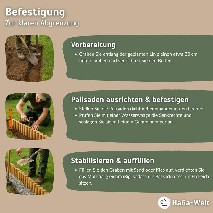 HaGa® Palisade Holzpalisade 8cmØ x 50cm Höhe - 10 St. Holzpfahl Baumpfahl Pfahl - Zaunpfahl aus Kief