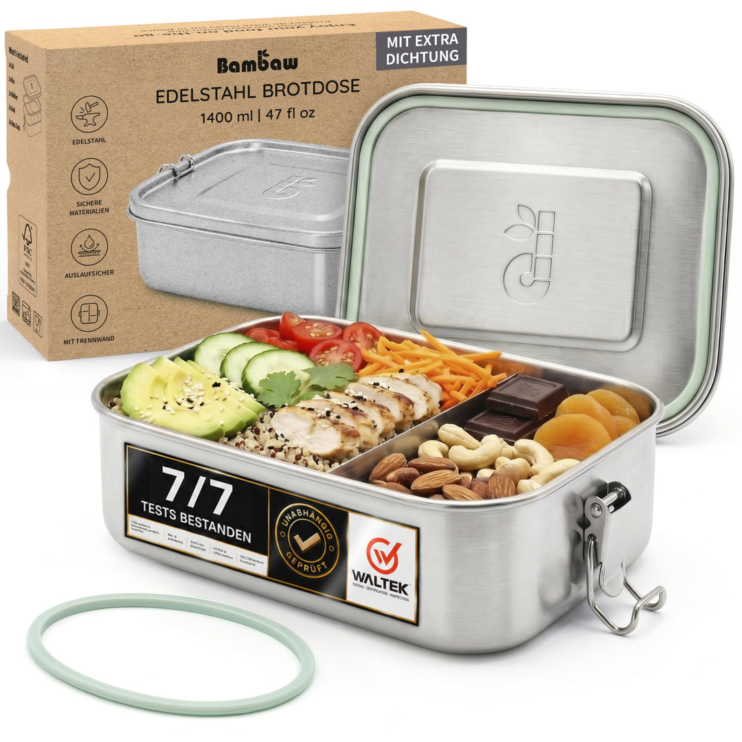 Bambaw Edelstahl Brotdose mit Fächern 1400ml | Auslaufsichere Lunchbox für Erwachsene & Kinder | Spü