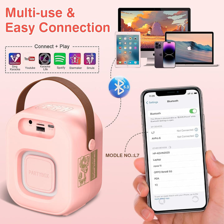 Mini Karaoke Maschine mit 2 drahtlosen Mikrofonen, Tragbarer Bluetooth Lautsprecher, Karaoke Mikrofo