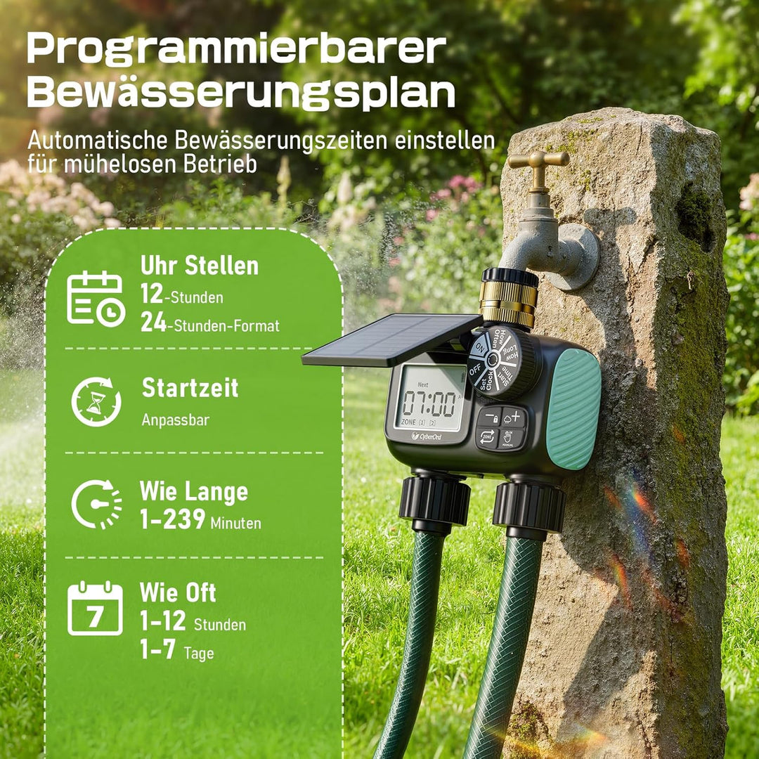 2-Zonen Solar Bewässerungscomputer, Automatische Bewässerung Wasser Zeitschaltuhr mit Solaraufladung