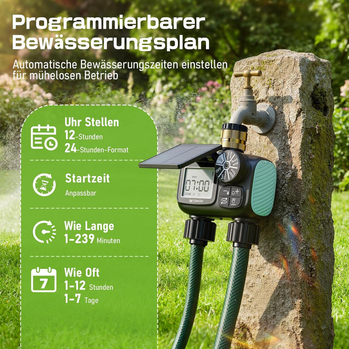 2-Zonen Solar Bewässerungscomputer, Automatische Bewässerung Wasser Zeitschaltuhr mit Solaraufladung