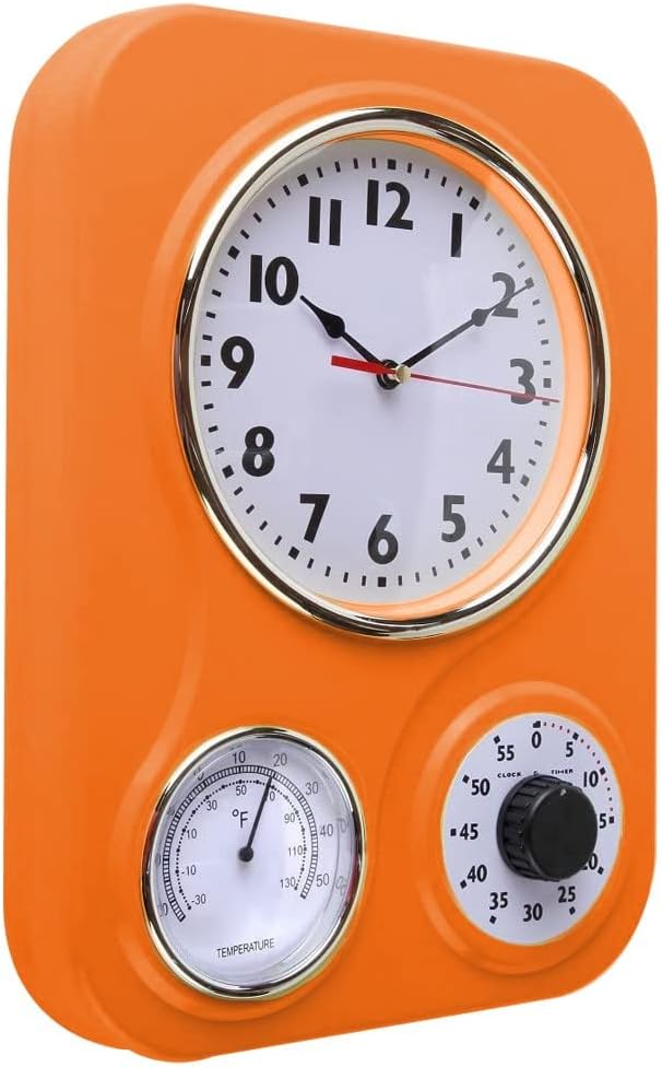 Lily's Home Retro Küchenuhr mit Temperatur und Timer (orange) Orange/Abendrot im Zickzackmuster (Sun