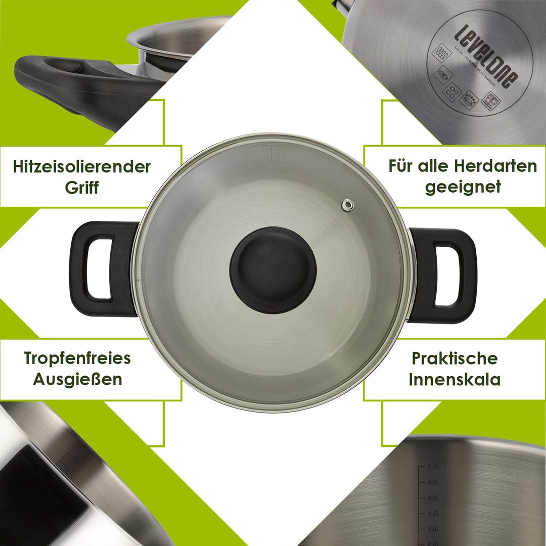 Level One Topf Kochtopf Fleischtopf 24 cm Induktion, Edelstahl unbeschichtet inkl. Glasdeckel | 13,5