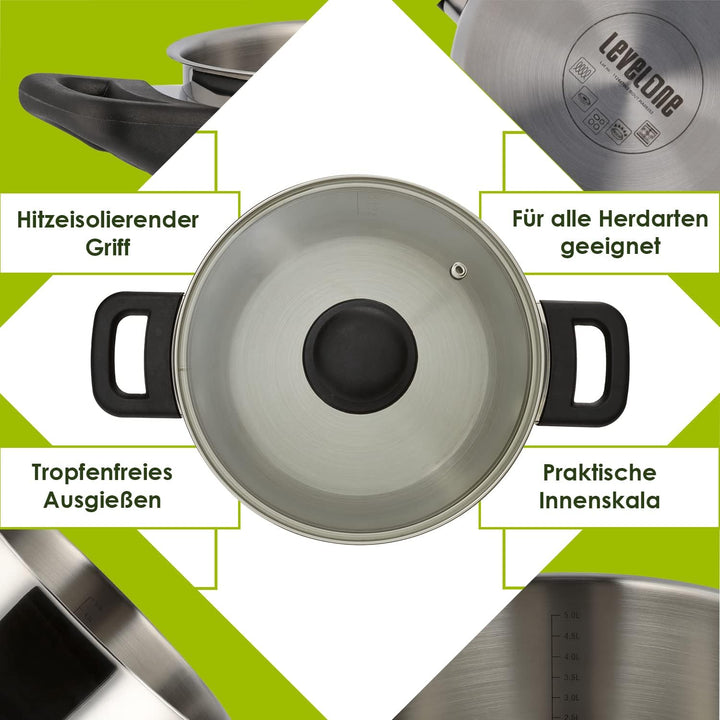 Level One Topf Kochtopf Fleischtopf 24 cm Induktion, Edelstahl unbeschichtet inkl. Glasdeckel | 13,5