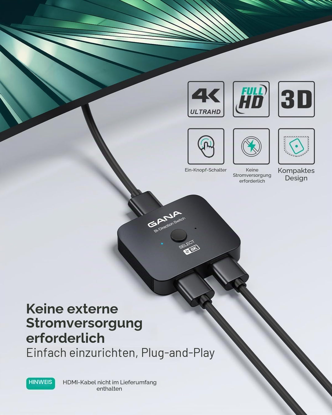 HDMI Splitter 8K@60Hz 4K@120Hz, GANA HDMI 2.1 Switch, Aluminium Bidirektional HDMI Switcher 2 In 1 O
