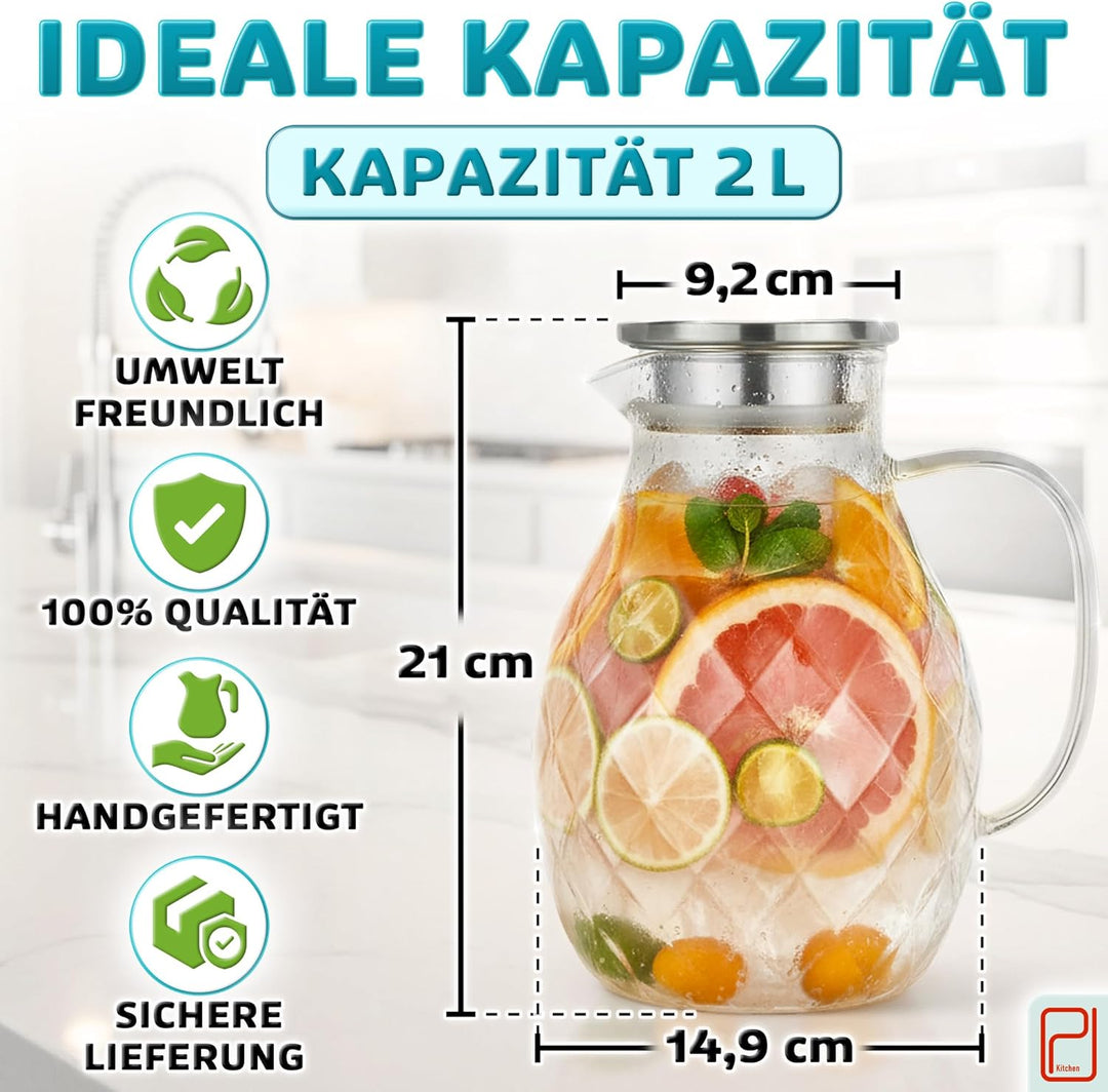 Karaffe aus Borosilikatglas mit Deckel und Ausgiesser - Glaskaraffe mit einzigartigem Rautenmuster f