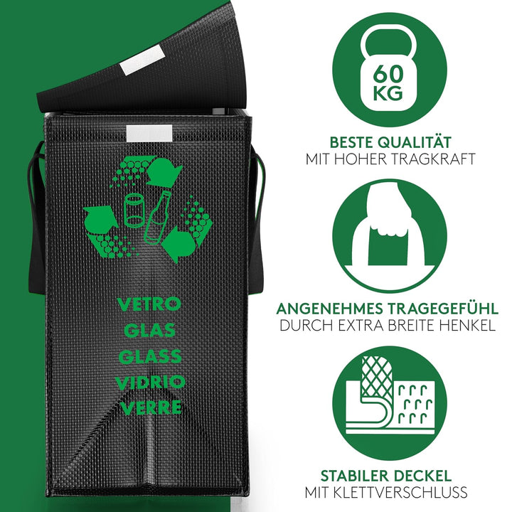 PTMS® Mülleimer 3 Fächer inkl. DECKEL - Mülltrennsystem Taschen für Papier, Glas & Plastik - Recycli