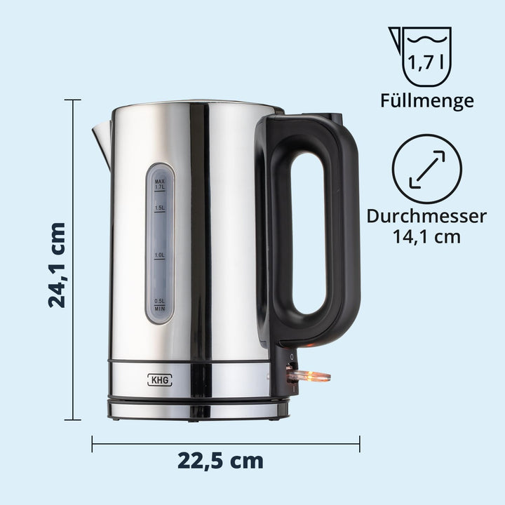 KHG Wasserkocher WK-1702 (ES) | aus Edelstahl für 1,7 Liter Kapazität | Wasserstandsanzeige | Trocke