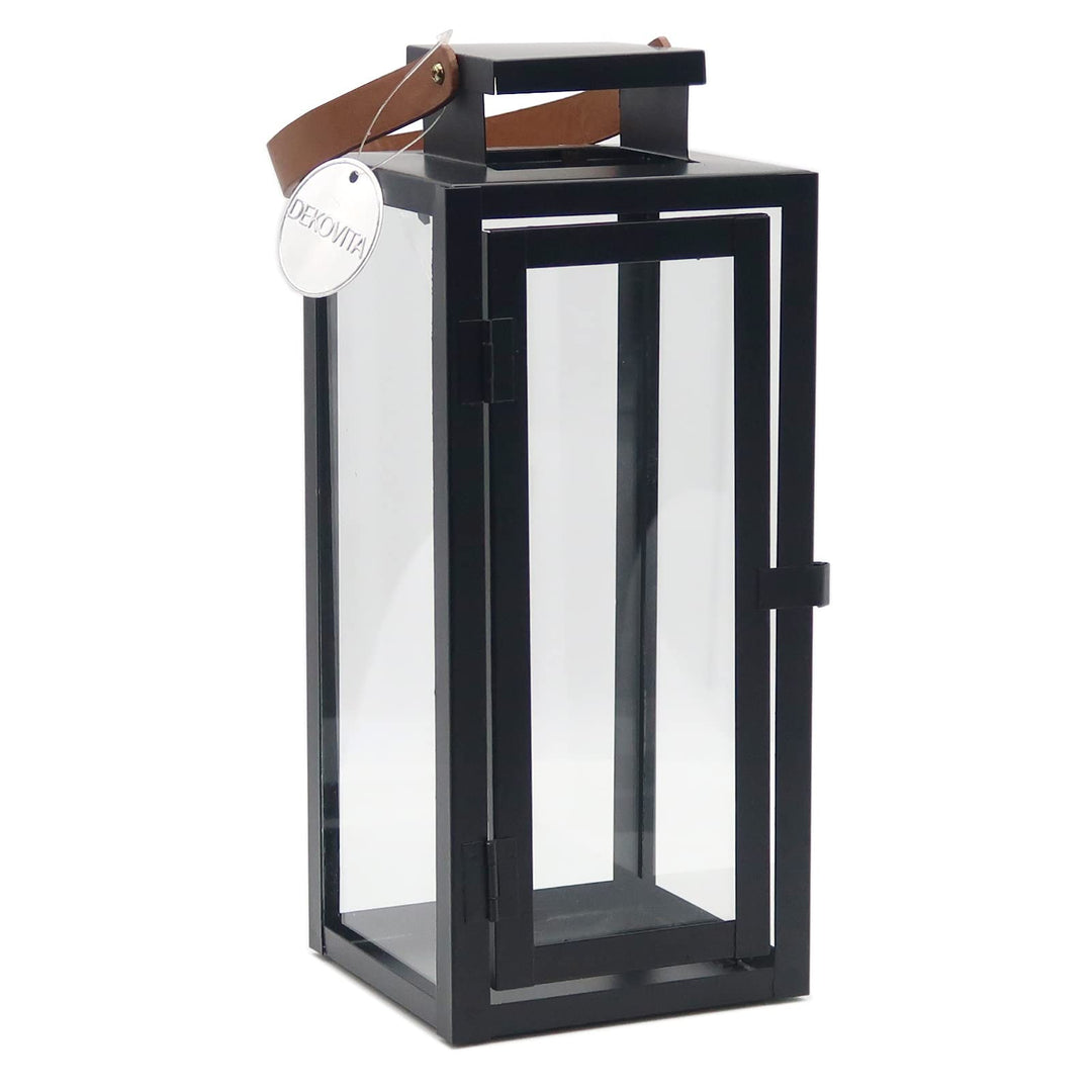 Dekovita 30cm Laterne in Schwarz - Gartenlaterne mit Glas-Scheiben und Kunstleder-Henkel - Metall De