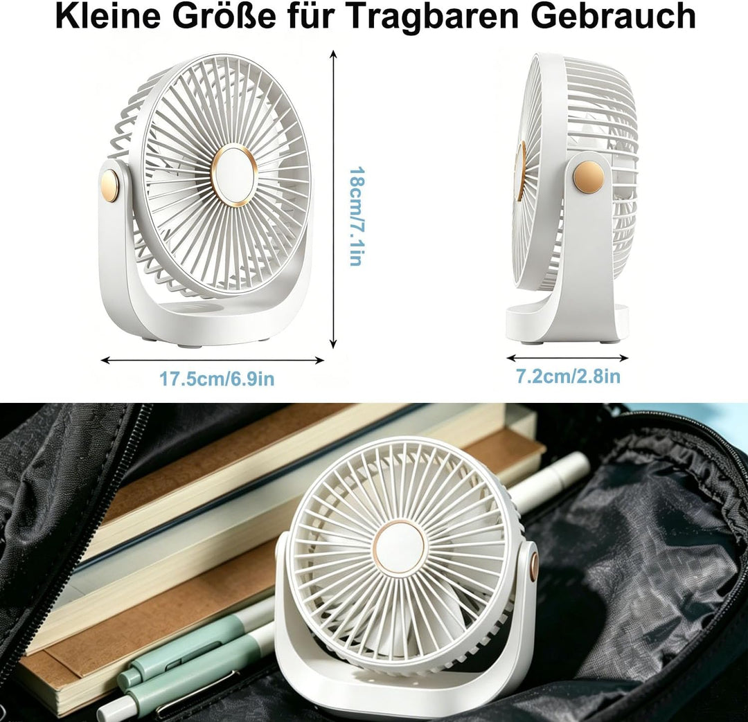 Schreibtischventilator mit Nachtlicht, tragbarer, leiser Ventilator mit USB-Akku, 360° drehbar, 5 Ge