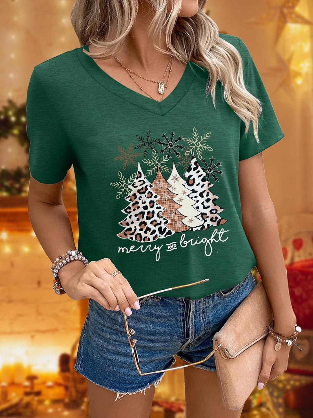 hohololo Weihnachts Tshirt Damen Christmas Shirt Merry Christmas V-Ausschnitt-T-Shirt Grün1 M, Gr&amp;