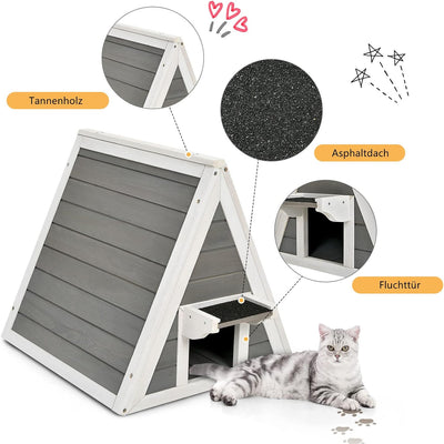 GYMAX 50 x 55 x 52 cm Katzenhaus mit Asphaltdach & Tür, Wetterfeste Katzenhöhle aus Holz, Katzenhütt