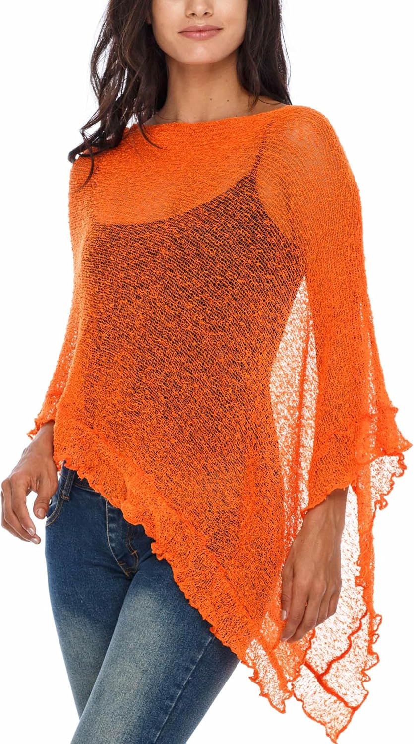SHU-SHI - Damen Poncho-Top mit Rüschen - transparent - leichtes Strickmaterial Leuchtendes Orange, L