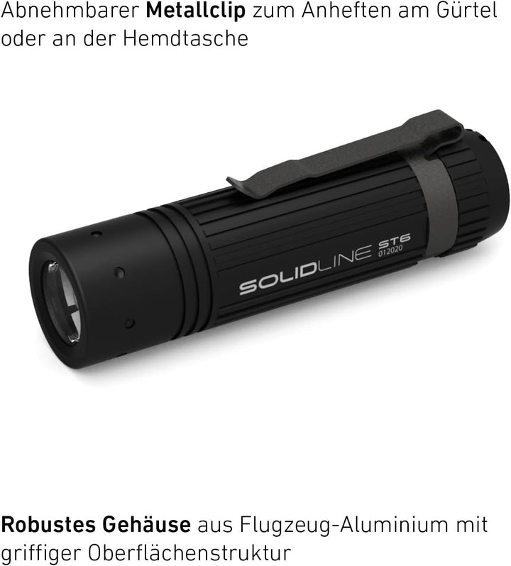 Solidline ST6, super helle LED Taschenlampe, fokussierbar, 320 Lumen, 25h Leuchdauer, 140m Leuchtwei