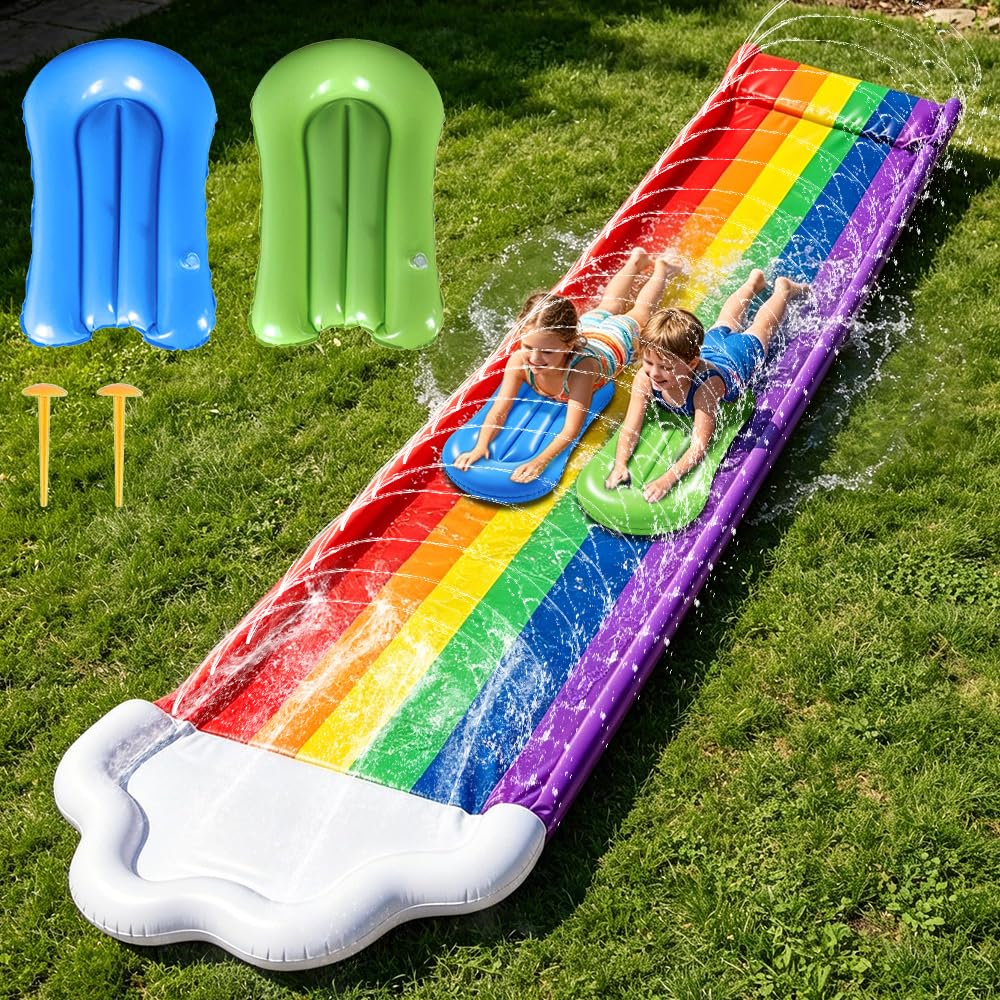 Wasserrutsche Garten, 4.8x1.4M Doppel Wasser Rutsche, Wasserspielzeug Wasserrutschmatte mit 2 Bodybo