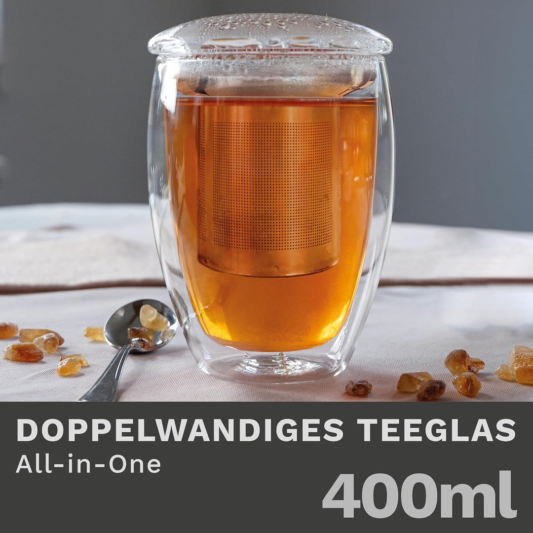 Creano doppelwandiges Teeglas mit Edelstahlfilter und Glasdeckel - 400ml 1x 400ml Doppelwandig, 1x 4