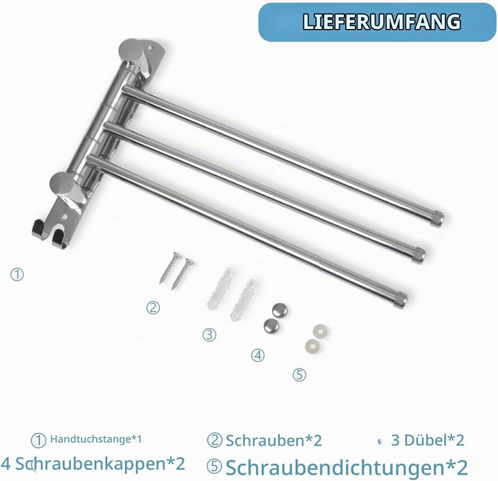 JSVER Handtuchhalter Wand,180° Drehung Handtuchhalter mit 3 Armig Schwenkarm Handtuchstange mit Hake