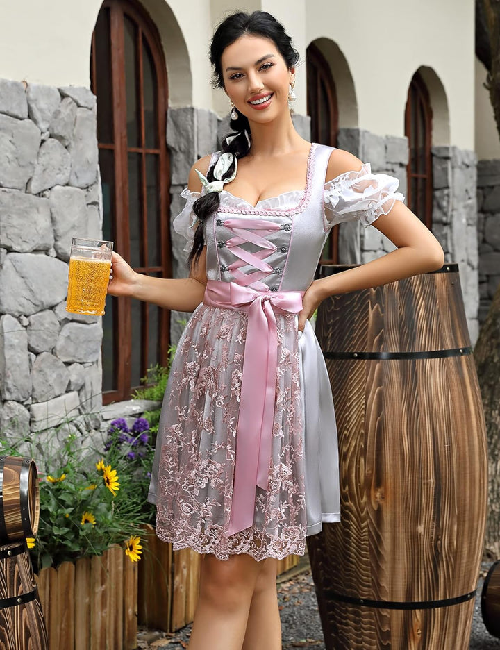KOJOOIN Damen Dirndl Trachtenkleid Kurz Set 3tlg. für Oktoberfest inkl. Dirndl Kleid,Dirndlschürze,D