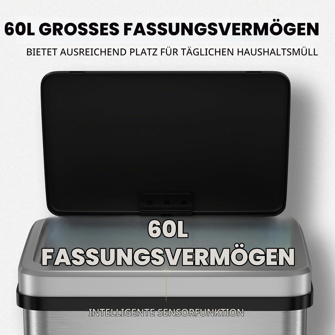 Gardtech 60 Liter Mülleimer Küche mit Sensor - Abfalleimer mit Bewegungssensor - Klemmring für Müllb