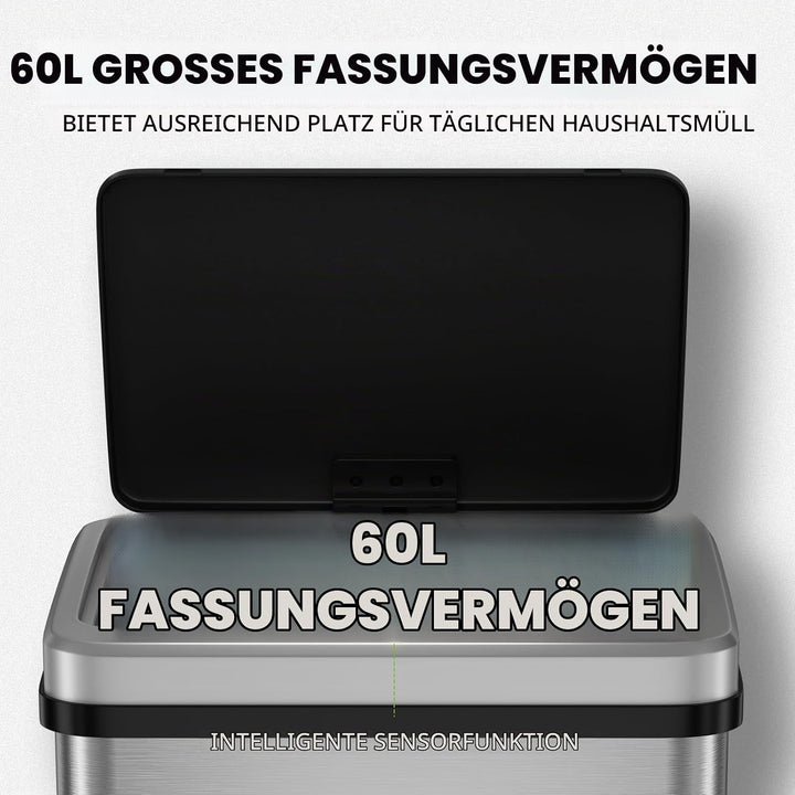 Gardtech 60 Liter Mülleimer Küche mit Sensor - Abfalleimer mit Bewegungssensor - Klemmring für Müllb
