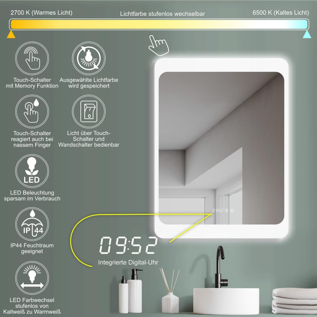 HOKO® LED Badspiegel mit ANTIBESCHLAG SPIEGELHEIZUNG und digitaler Uhr, Duisburg 60x80cm, Badezimmer