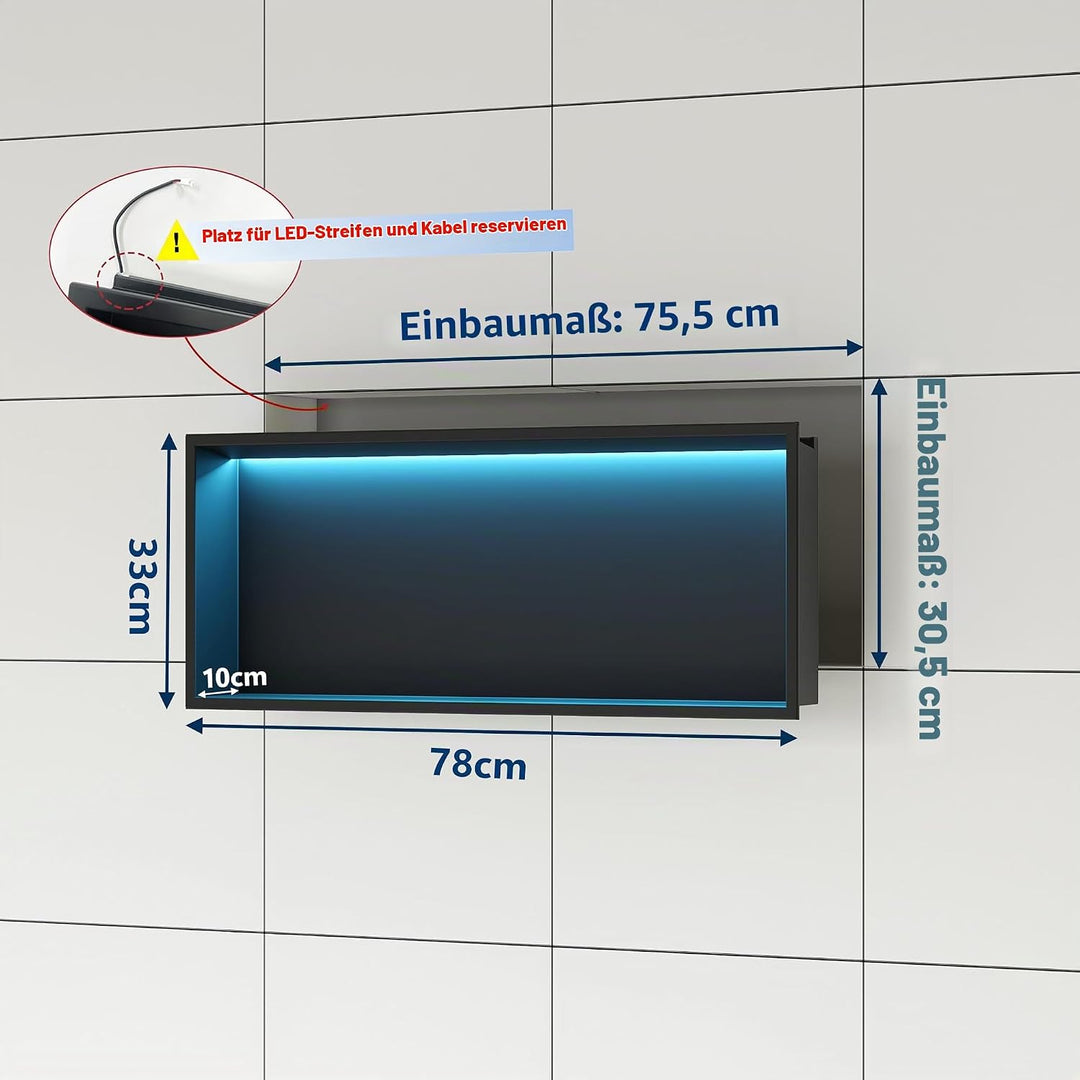 Wandnische Dusche Edelstahl mit RGB LED-Licht, Eingebettete Duschnische Schwarz Einzelregal Lagerung