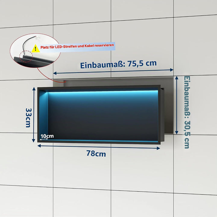 Wandnische Dusche Edelstahl mit RGB LED-Licht, Eingebettete Duschnische Schwarz Einzelregal Lagerung