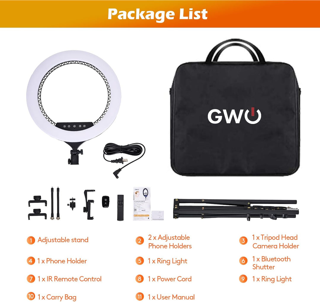GWO 45,7 cm LED-Ringlicht mit Stativständer, 6000 K, dimmbar, Make-up-Selfie-Licht mit Touch-Panel-T