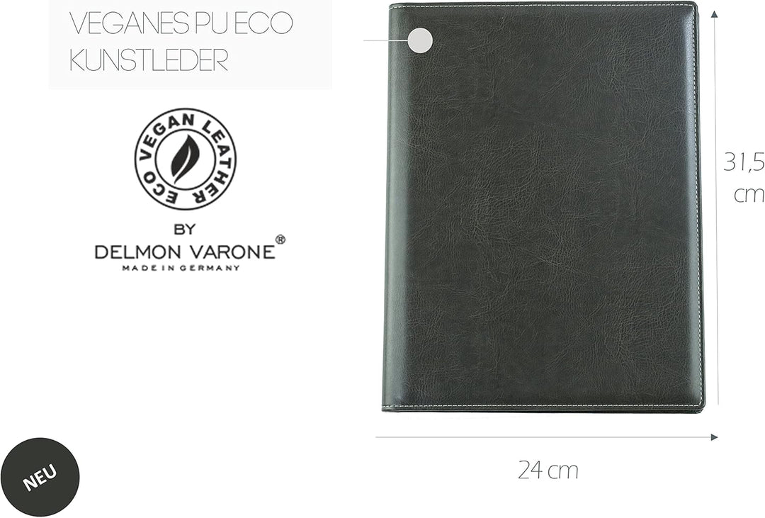 DELMON VARONE - Schreibmappe inkl. Notizblock DIN A4 (80 Blatt) aus veganem Eco Kunstleder Grau - Or