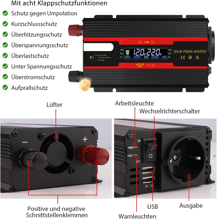 Wechselrichter Spannungswandler DC 12V / 24V auf AC 230V Modifizierte Sinuswelle Inverter 2000W mit