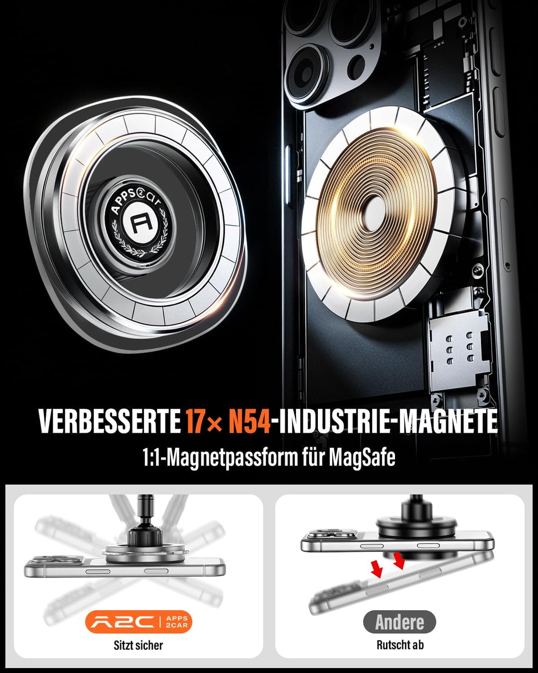 APPS2Car Magnetische Handyhalterung Auto für MagSafe, Langarm Saugnapf Windschutzscheibe & Armaturen