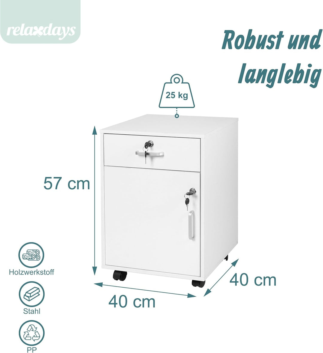 Relaxdays Rollcontainer, Schublade & Türfach, HxBxT: 57 x 40 x 40 cm, abschliessbar, Aktenschrank au
