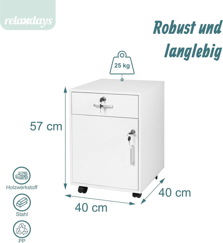 Relaxdays Rollcontainer, Schublade & Türfach, HxBxT: 57 x 40 x 40 cm, abschliessbar, Aktenschrank au
