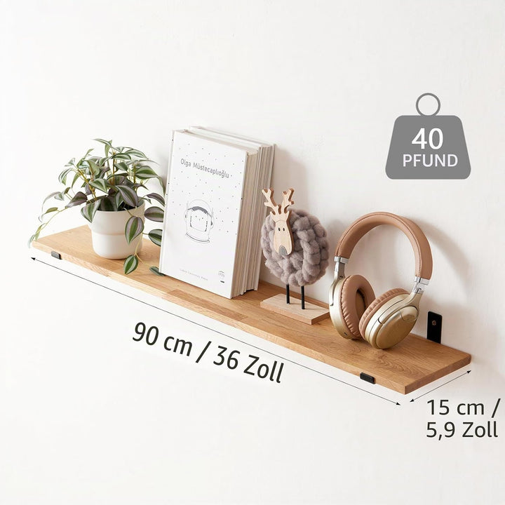 TREOAKWIS Schweberegal aus Eiche Massiv, Wandregal Holz Regale 90cm Wandboard für Badezimmer, Schlaf