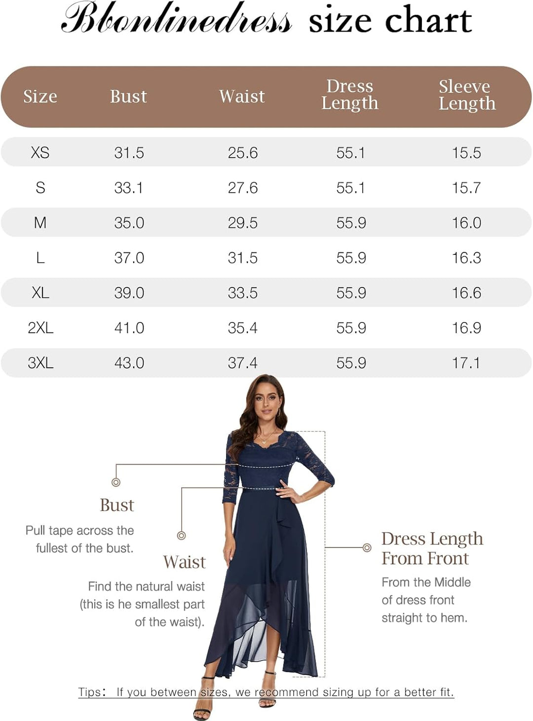 Bbonlinedress Abendkleider elegant für Hochzeit Spitzenkleid Chiffon Hi-Lo Kleid Brautjunferkleid Br