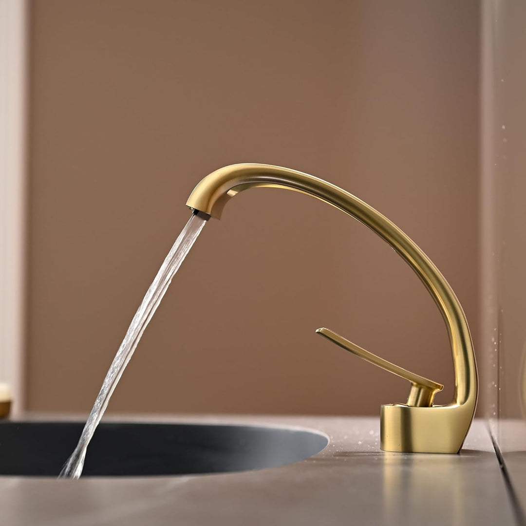Waschtischarmatur Gebürsteter Gold, Wasserhahn Bad Waschbecken Armatur Wasserfall Badarmatur, Wassse