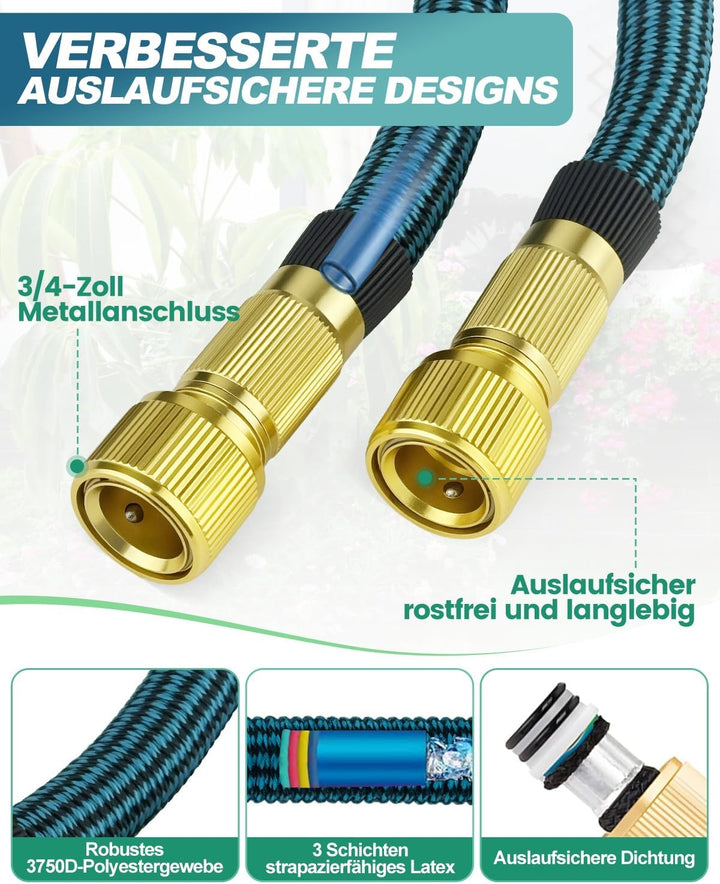 Flexibler Gartenschlauch 15M/50FT, Wasserschlauch 3/4 zoll und 1/2 zoll mit 10-Funktions-Düse, dehnb
