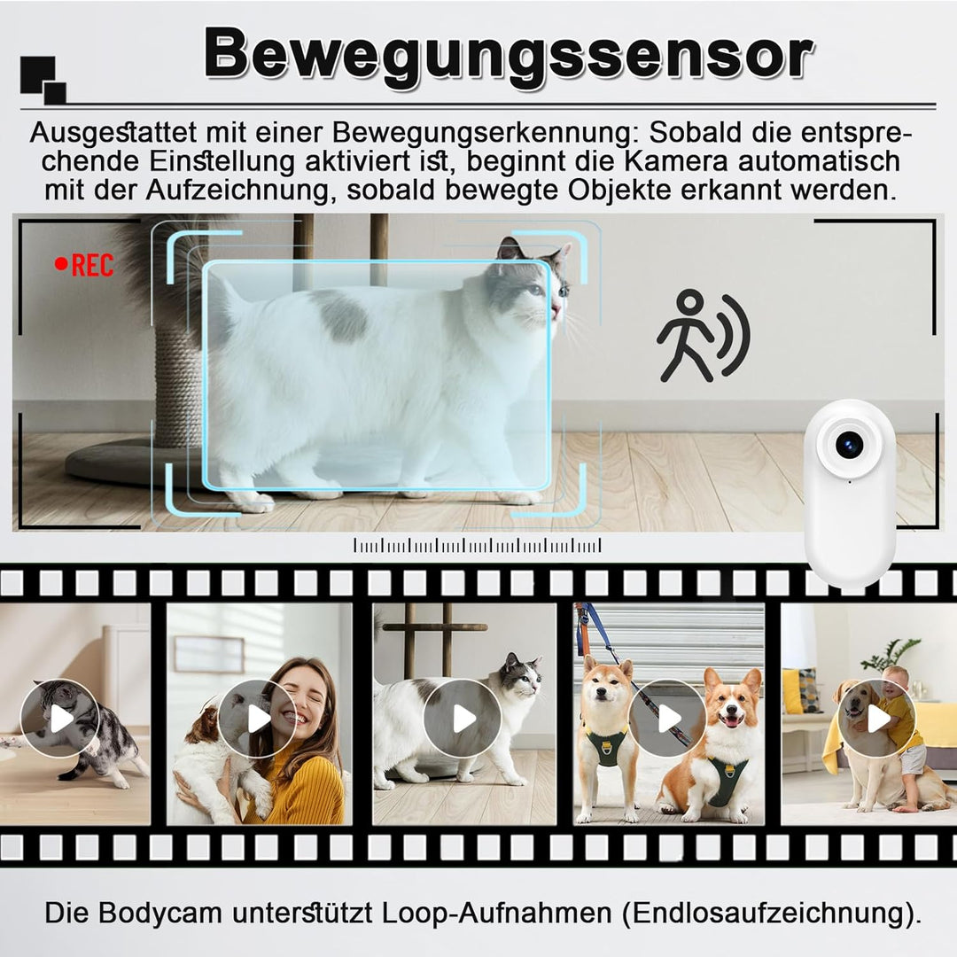 Mini-Bodycam 1080P HD, Tierkamera für Halsbänder mit kabelloser Ladestation – Daumen-Sportkamera mit