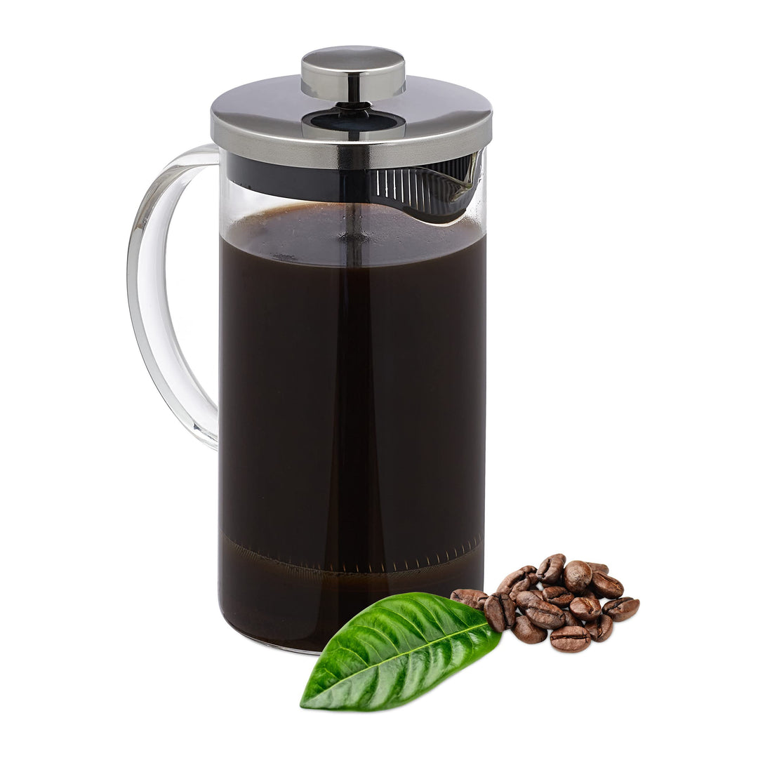 Relaxdays Kaffeebereiter manuelle Stempelkanne 600 ml, Glas & Edelstahl | Teebereiter, Siebeinsatz,