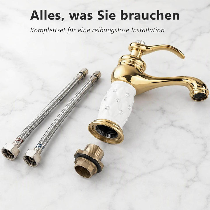 Tbest Waschtischarmatur Weiss Gold,Wasserhahn Gold,Grohe Wasserhahn Waschbecken Goldfarben Massivem
