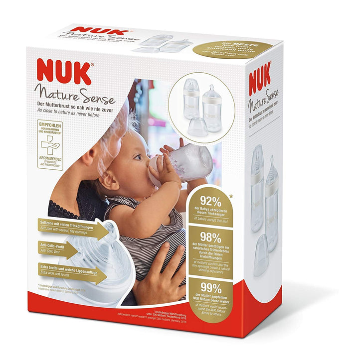 NUK Nature Sense Babyflaschen Set, 2x 260ml Babyflasche, 6-18 Monate, mit brustähnlichem Silikon-Tri